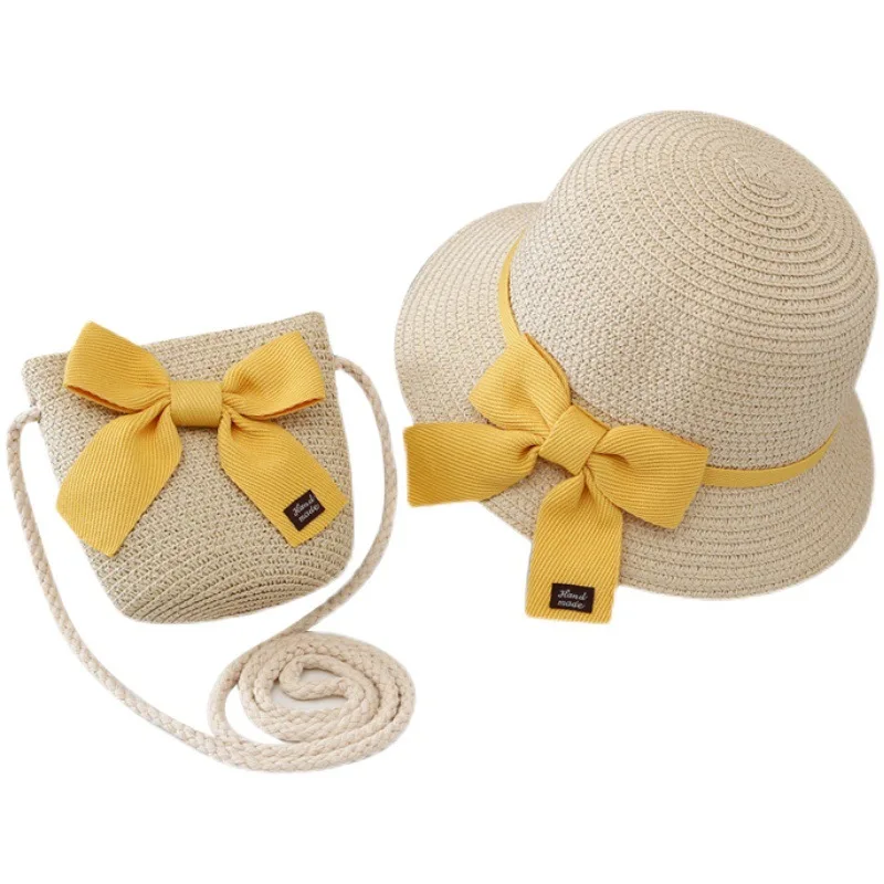 2 teile/satz Sommer Stroh Hut Mit Tasche Für Mädchen Casual Bowknot Sonnenhut Kinder Schutz Visier Kappen Outdoor Strand Eimer hut Image