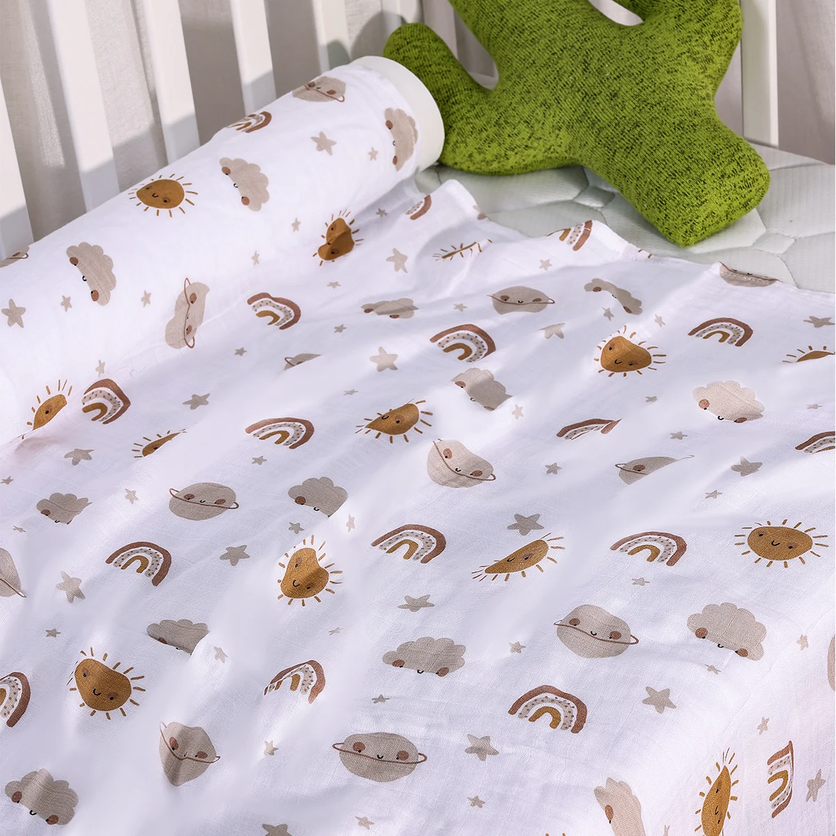 120 x 110 cm Baby-Musselin-Wickeldecke aus Bambus-Baumwolle, niedlicher weicher Aufdruck, Baby-Handtuchwickel Image