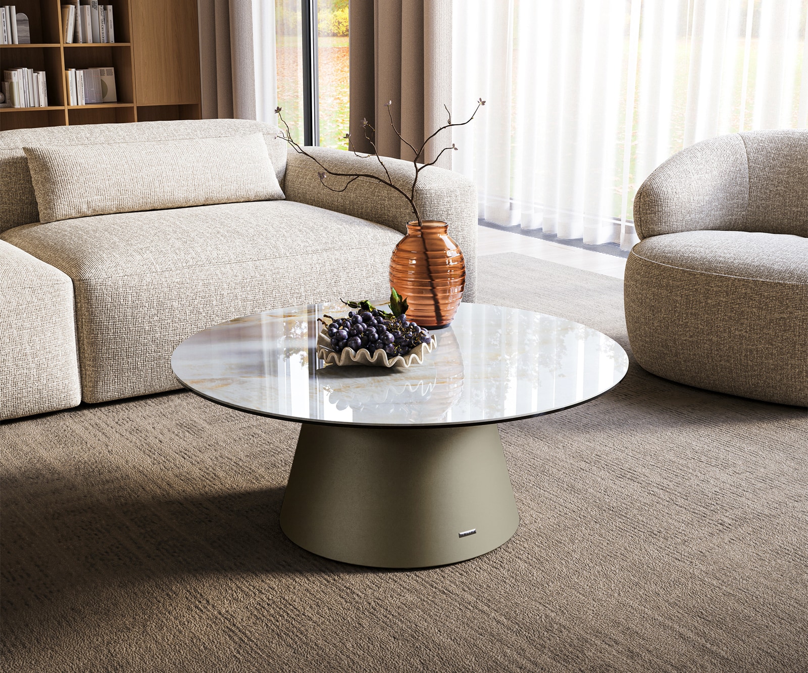 DELIFE Couchtisch Edge Rund 90x90 cm Keramik Onyx Pearl Borna Effektfinish Titan, Couchtische