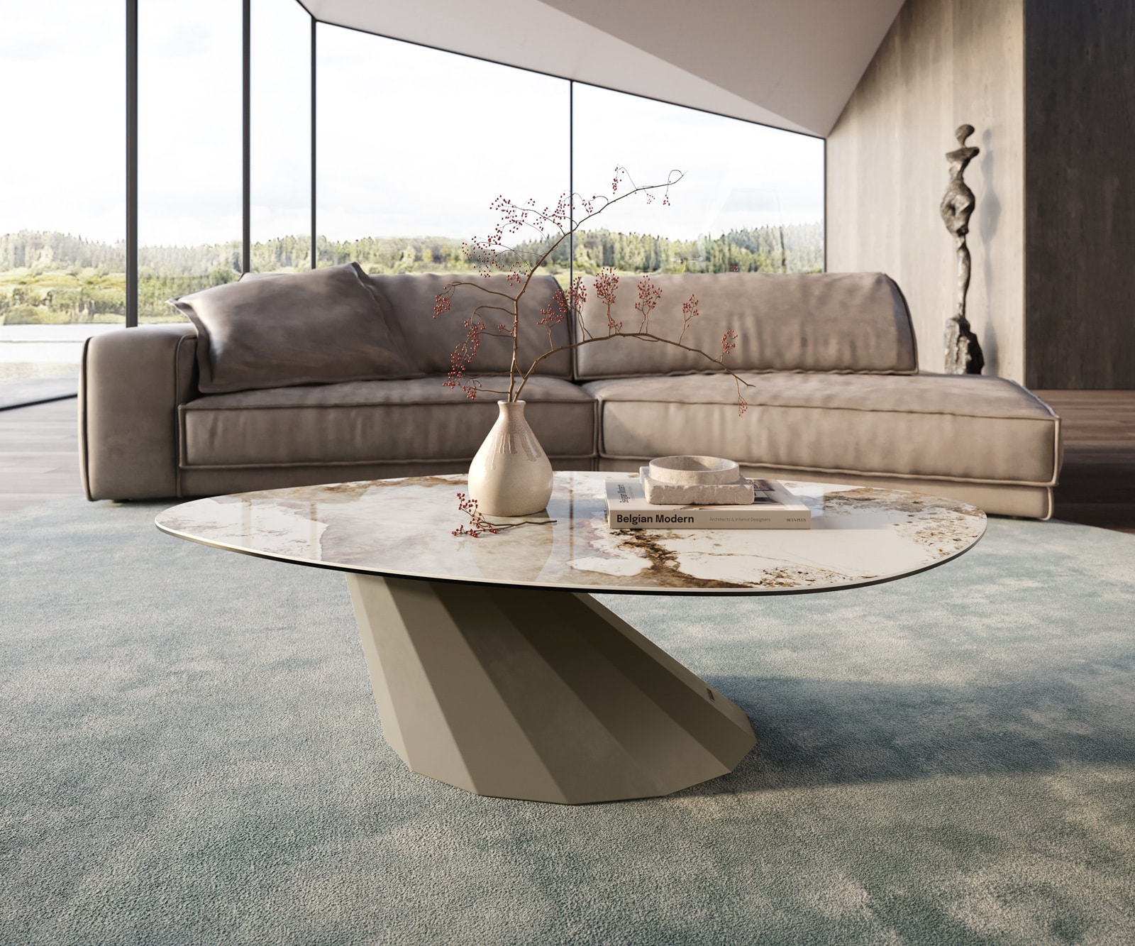 DELIFE Couchtisch Edge Organisch 140x76 cm Keramik Minas Melange Parabi Metall Effektfinish Titan, Couchtische