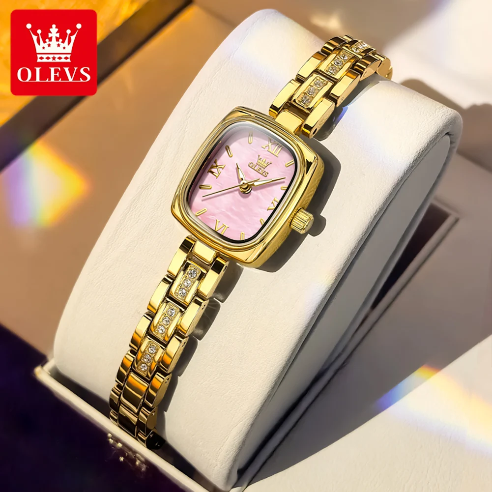 OLEVS 3695 Damen-Kleideruhr Elegante Goldene Rosa Tonneau Wasserdichte Leuchtende Luxus-Mode Quarz-Armbanduhr für Frauen Image