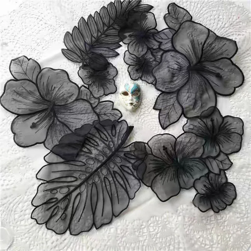 5 Stück/Set Organza-Blumen- und Blätter-Stickerei-Applikationen, Transparente Blumenapplikationen für Hochzeitskleider, DIY-Nähdekoration Image