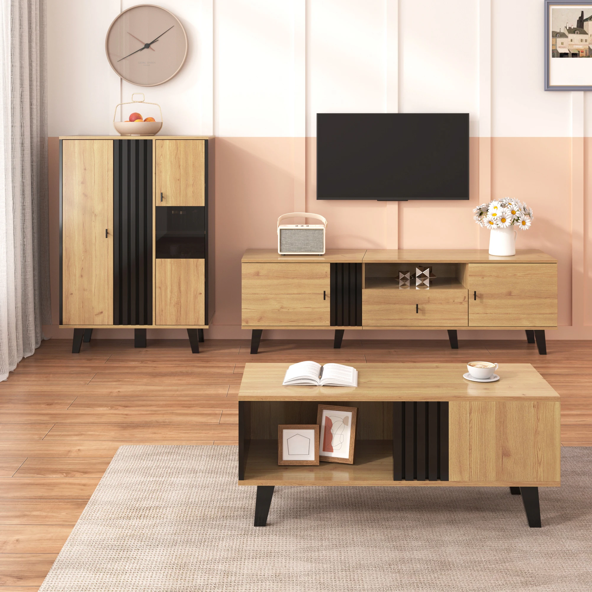 3-teiliges Wohnzimmer-Set, TV-Möbel, Couchtisch & Sideboard mit LED, stabil, für tägl. Stauraum, Glas & Platten - schwarz & Holz