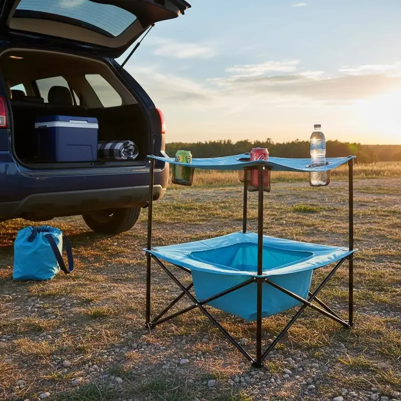 Klappbarer Campingtisch 56x56 cm, leichter und kompakter Picknicktisch aus 600D Oxford-Gewebe, wasserdicht, mit 4 Getränkehaltern und 1 Tragetasche, für Reisen, Abendveranstaltungen, Blau Image