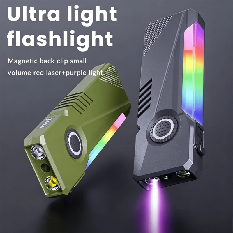 Mini lampe torche EDC à lumière puissante, rechargeable par Type-C, avec lumière latérale RGB, lumière UV, clip magnétique pour stylo, lampe d'inspection