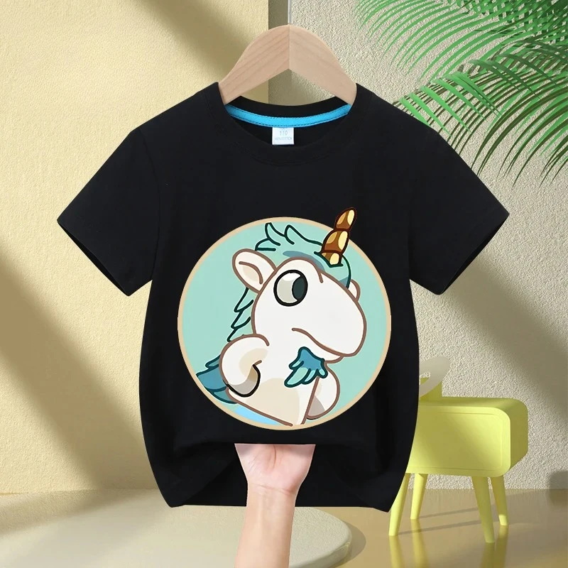 Niedliches Einhorn-Höhlen-Cartoon-Kinder-T-Shirt, Sommer-Mädchen-T-Shirt aus reiner Baumwolle, kurzärmeliges, lässiges Oberteil, atmungsaktive Kinderkleidung für Jungen Image