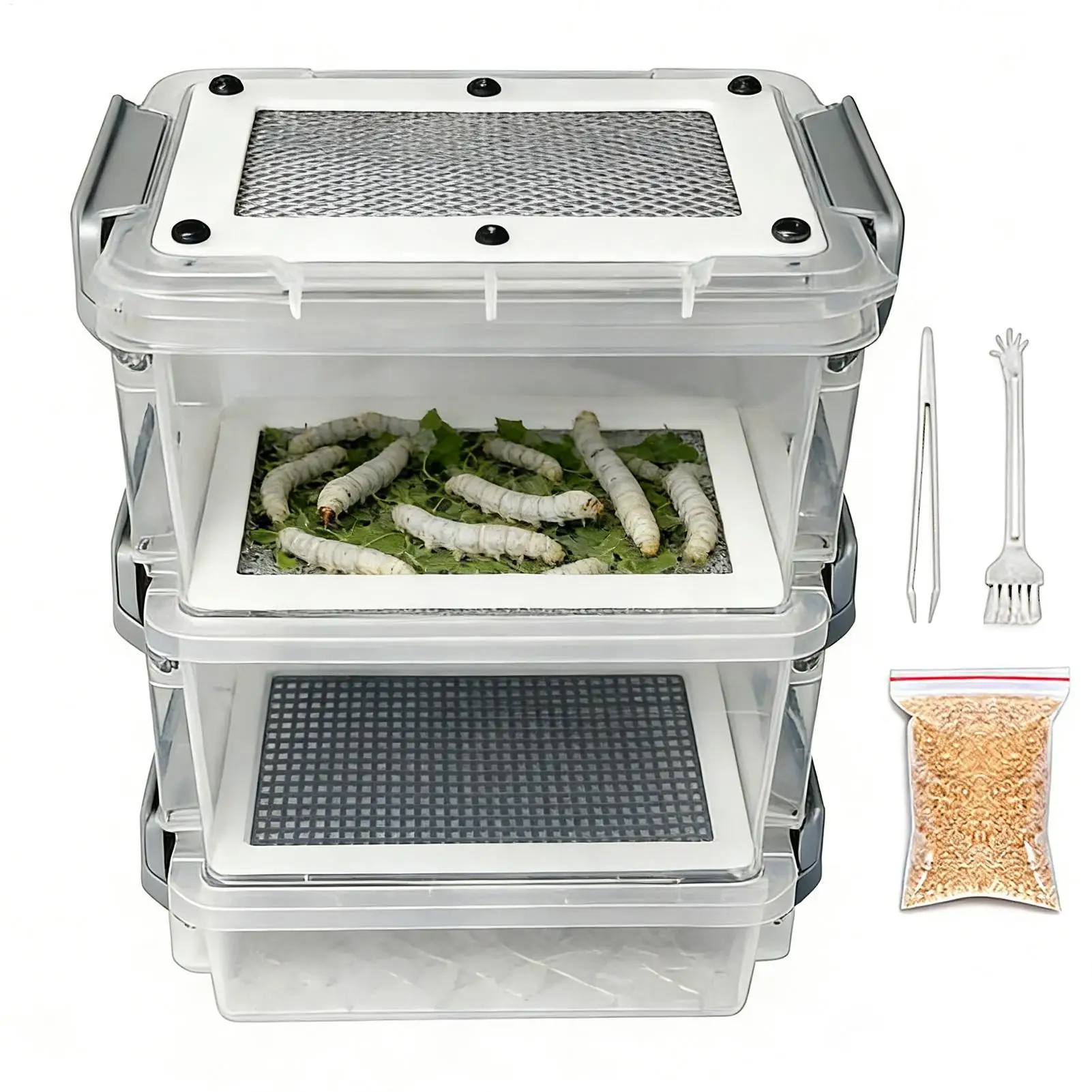 Mehlwurm-Zuchtset 3-Schicht-Seidenwurm-Futterbehälter Maiswurm-Zuchtbox für Tierbesitzer, Tierliebhaber, Züchter, Hobbyisten Image
