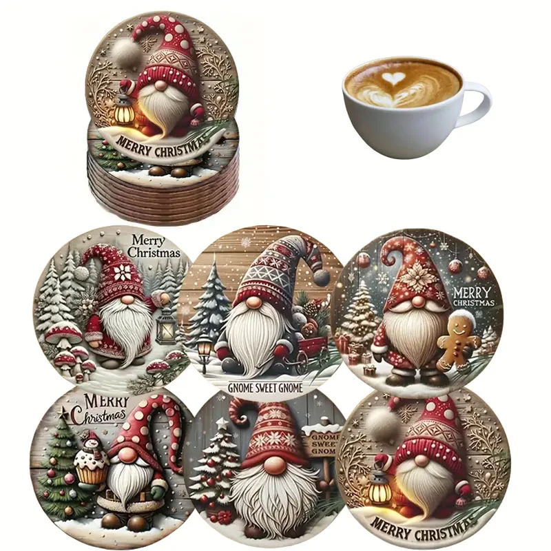 Ein 6-teiliges Set aus farbig bedruckten Untersetzern mit Weihnachts-Zwergmotiv eignen sich als Weihnachtsgeschenk für die Esstischdekoration zu Hause Image