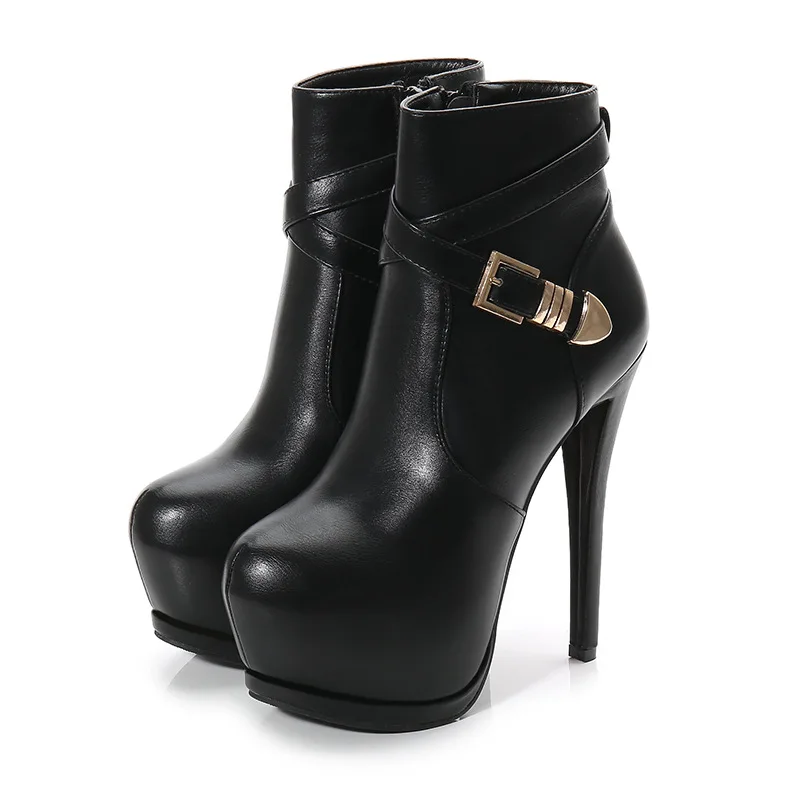 Metall Gürtel Schnalle Mode Plattform Frauen Kurze Stiefel Neue Winter Warme Plüsch Weiche Leder High Heels Schuhe Damen Arbeit Party Schwarz Image
