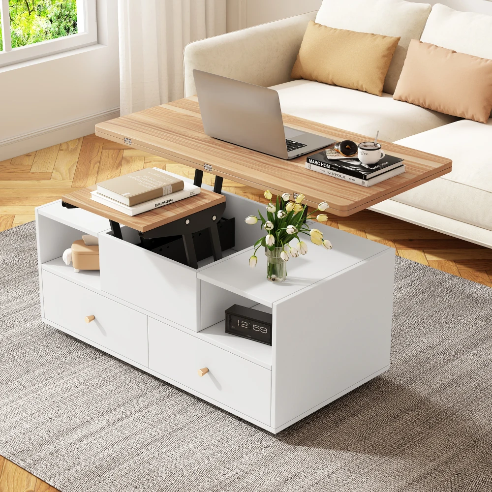 Höhenverstellbarer Couchtisch mit Klappfunktion und 4 Schubladen, 100 x 50 x 47,5 cm, ein großer und ein kleiner hydraulischer Hubtisch, beweglicher Wohnzimmertisch mit Universalrollen, Sofatisch