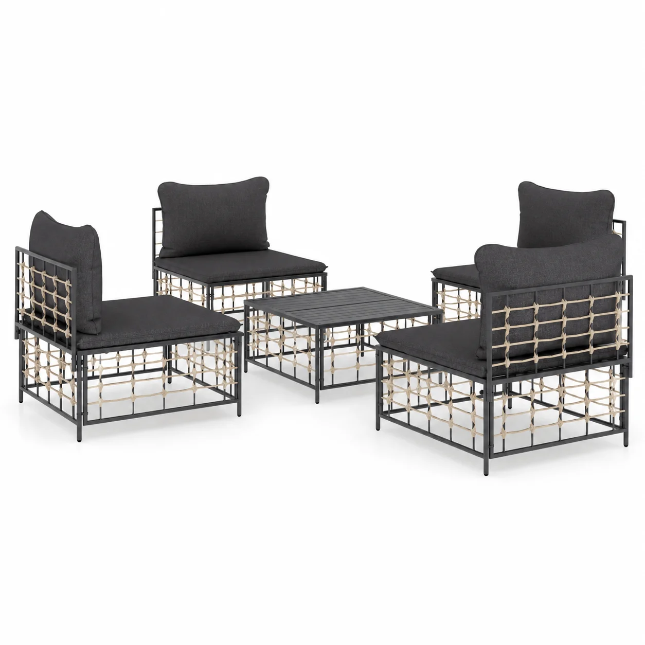 5-teiliges Garten-Lounge-Set mit Kissen, Terrassenmöbel-Set aus Polyrattan, Anthrazit, wetterbeständiges Outdoor-Sofa mit Couchtisch für Garten, Terrasse, Balkon