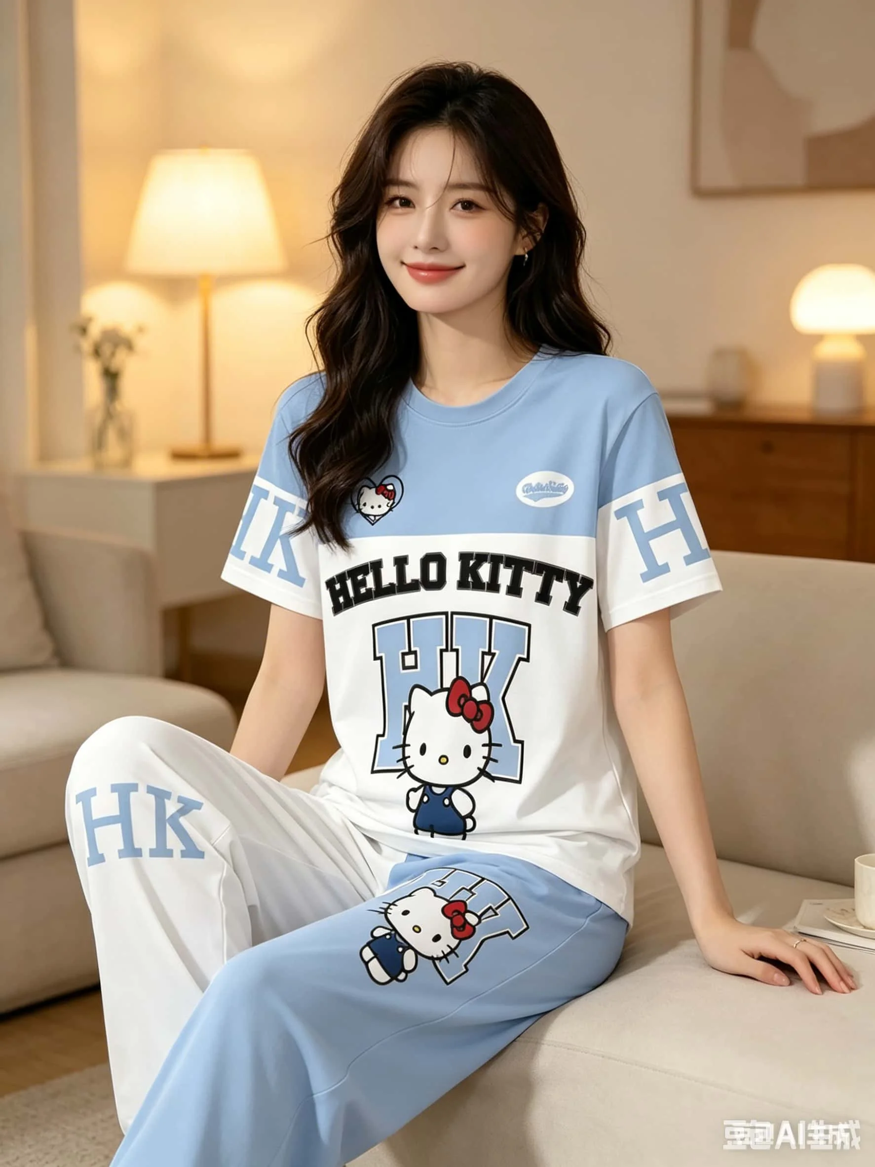 Sommerliches, blau getöntes Hello Kitty Kinder- und Erwachsenen-Kurzarmshirt + lange Hose, lockeres Heim-Eltern-Kind-Outfit-Set, Pyjama in Übergröße. Image