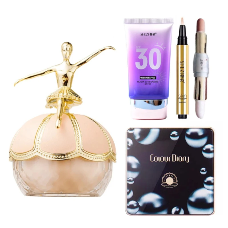 Mack Andy Ballet Loose Setting Powder Color Diary Black Pearl Magic Air Cushion und Shezi Base Makeup Set Super Concealer Combo Image