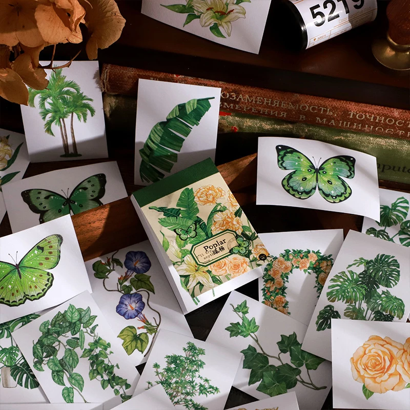 1 Buch/50 Stück Retro Literarische Washi-Aufkleber Botanisches Blumenmotiv Abnehmbare Klebeetiketten für Notizbücher und Grußkarten Image