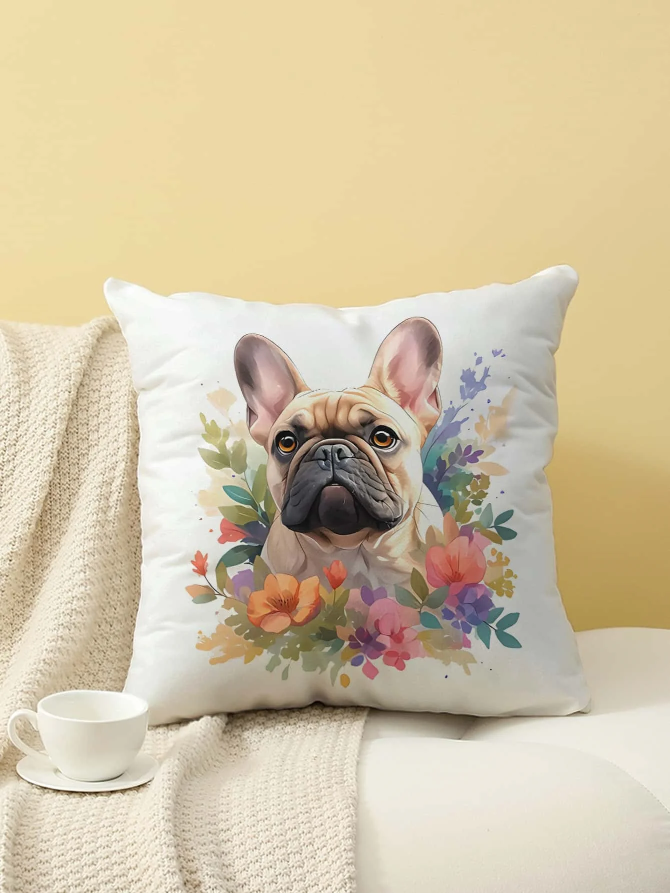 Kissenbezug mit floralem Aufdruck einer französischen Bulldogge, Kissenhülle für Sofa, Schlafzimmer, Wohnzimmer, Couch, Bett, Bürostuhl, Heimdekoration Image