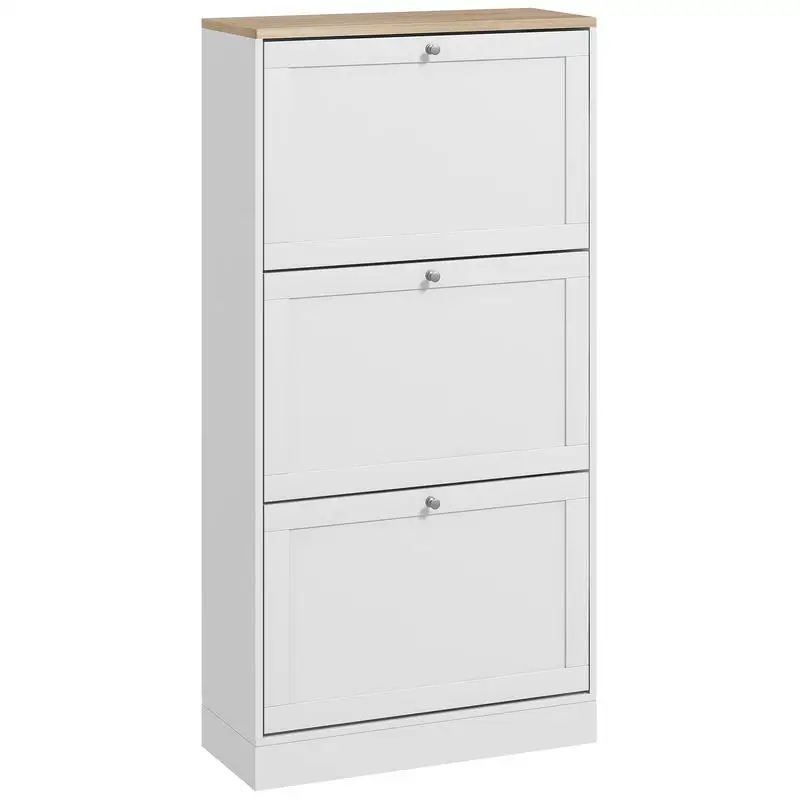 Schuhschrank im skandinavischen Stil mit 3 Klapptüren für 18 Paar Schuhe, 60 x 23,5 x 115 cm, weiß, Holzoptik