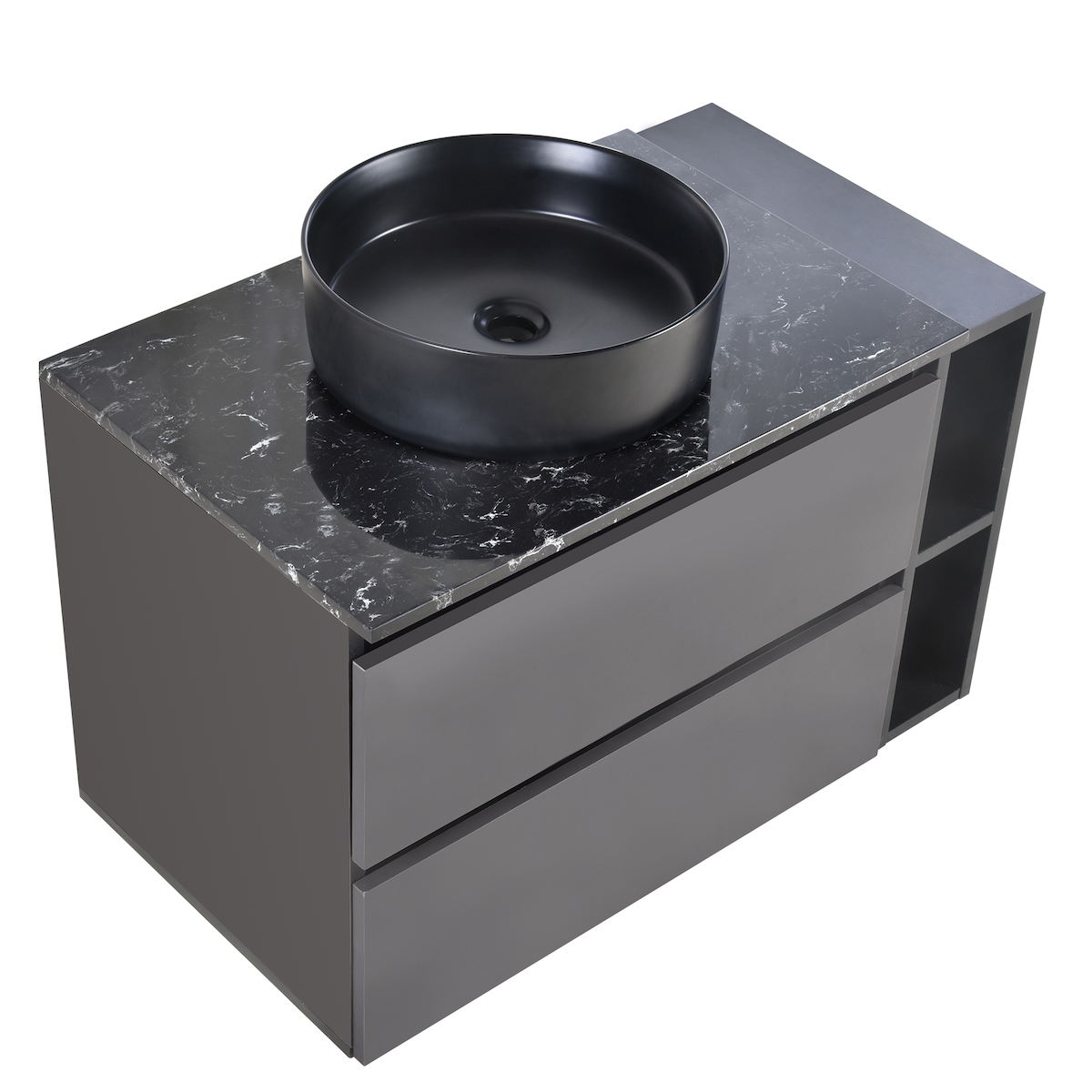 MErax Waschtisch 80x44x48.5 cm, wandhängender Waschbeckenunterschrank mit Keramikbecken, 2 Schubladen, offenem Regal, Schwarz/Grau Image