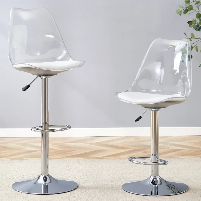 Modernes, verstellbares Barhocker-Set, 2-teilig, mit transparenten Kunststoffrückenlehnen und PU-Ledersitzen, silberfarbene Metallbeine. Höhenverstellbar und 360° drehbar ° Drehbar, geeignet für Küchen und Bistros.