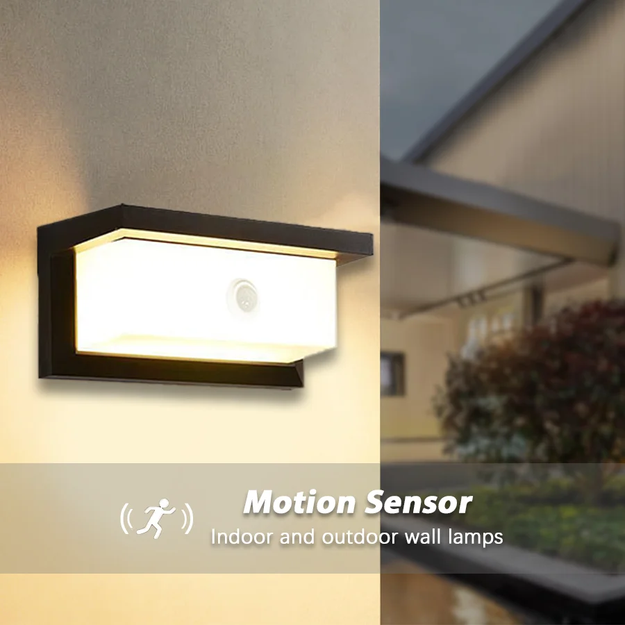 LED-Wandleuchte mit PIR-Bewegungssensor, menschlicher Bewegungsmelder für den Außenbereich, IP55 wasserdicht, warmweißes Licht, hochwertiger ABS-Lampenschirm, geeignet für Haus, Wohnzimmer, Villen, Außenbalkon, Innenhof, Veranda und Gartenbeleuchtung Image