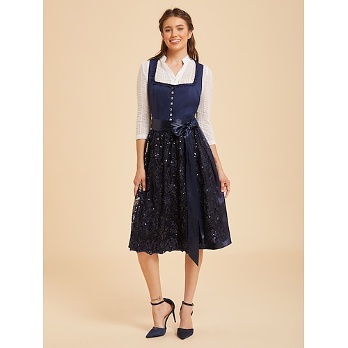 Oktoberfest Robe Dirndl Longueur midi Paillettes Broderie avec poches Décolleté balconnet Femme de ménage Bavarois Allemand Alpin Prairies Femmes Carnaval Fête de la Bière Tissu de style traditionnel