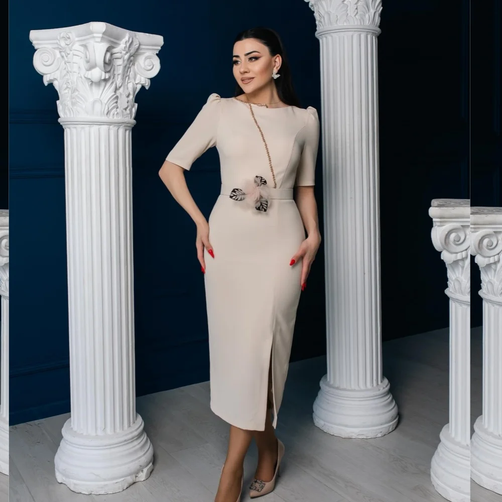 Customized Jersey Sequined Flower Ruched Wedding Party A-line O-Neck Bespoke Occasion Gown Midi Dresses