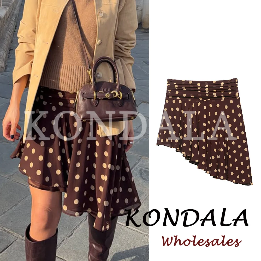 KONDALA Vintage Elegante Streetwear Mode 2026 Frühling Gepunktete Röcke Braun Hochgeschnittener Asymmetrischer Schicker Damen-Minirock