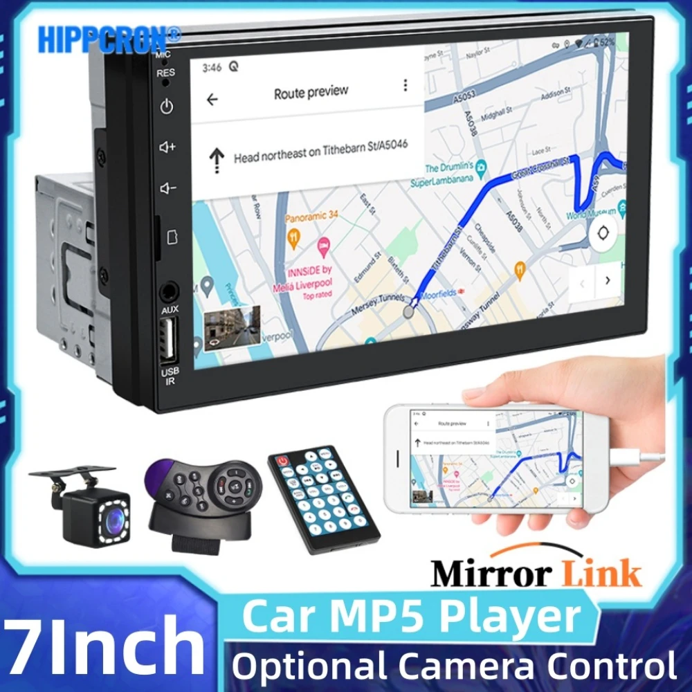 HIPPCRON 7-Zoll Touchscreen 1 DIN Auto-MP5-Player Kabellos AUX/USB MirrorLink-Unterstützung Optionale Rückfahrkamera Fernbedienung Image