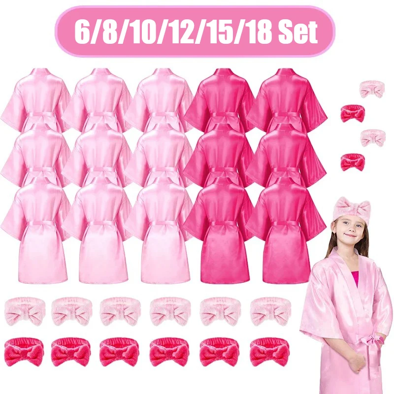 6-18er Set Spa-Party-Bademäntel für Mädchen Kinder Geburtstag Kimono Satin-Bademantel Pyjama-Party Übernachtungsparty Nachthemden Rosa Party-Geschenke Image