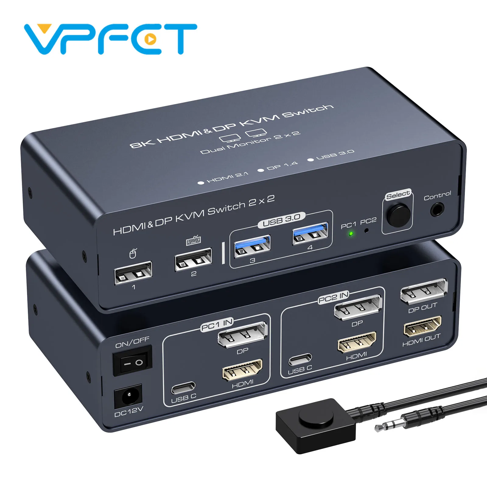 HDMI Displayport KVM-Switch 2 PC 2 Monitore 8K@60Hz 4K@120Hz Aluminium-KVM-Switch Geeignet für 2 Computer teilen 2 Monitore Image