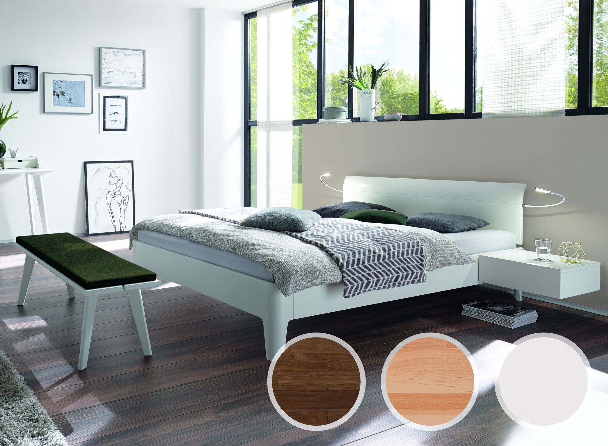 Hasena Fine-Line Designerbett Syma 18 Xylo/Vola 140x210 cm / MDF weiss deckend, lackiert / Kopfteil Buche weiss deckend, lackiert / Füße Eiche