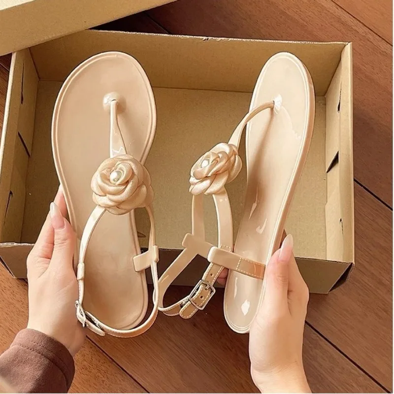 Größe 36-42 Damen Mädchen Jelly T-Riemen Sandalen INS Bestseller Spitze Rose Transparent PVC Sommer Strand Slides Flip-Flop Schuhe S1005