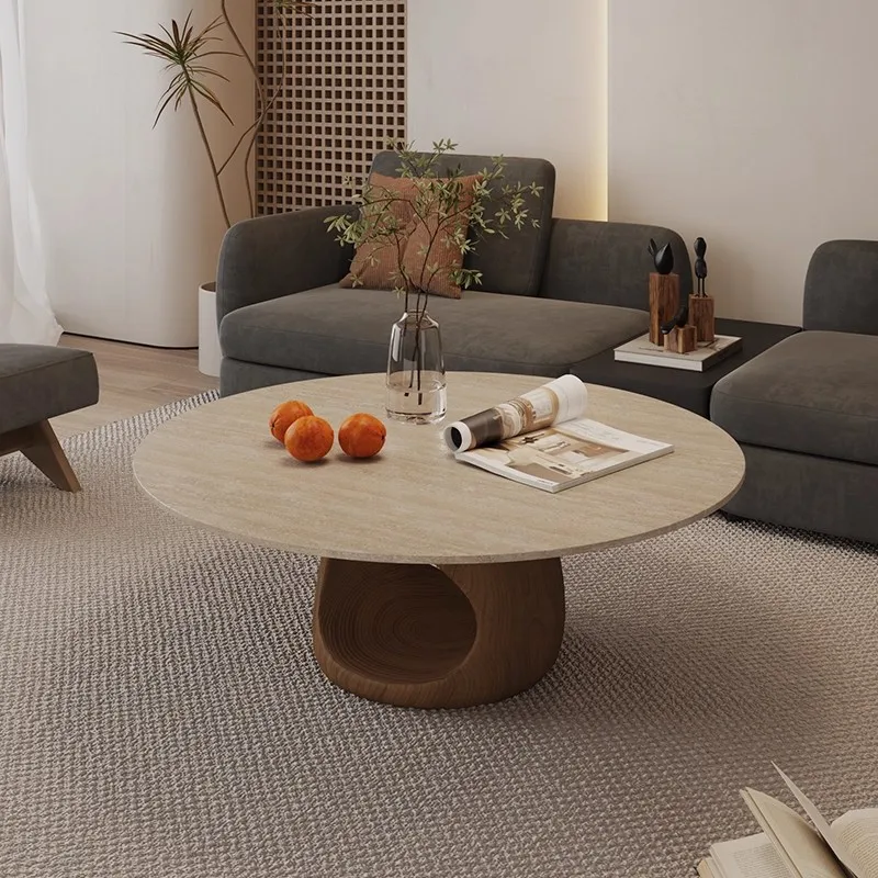 Travertin-Steinplatten-Couchtisch für Wohnzimmer, Haushalt, kleine Wohnung, rund, Wabi Sanfeng Homestay, Massivholz-Couchtisch