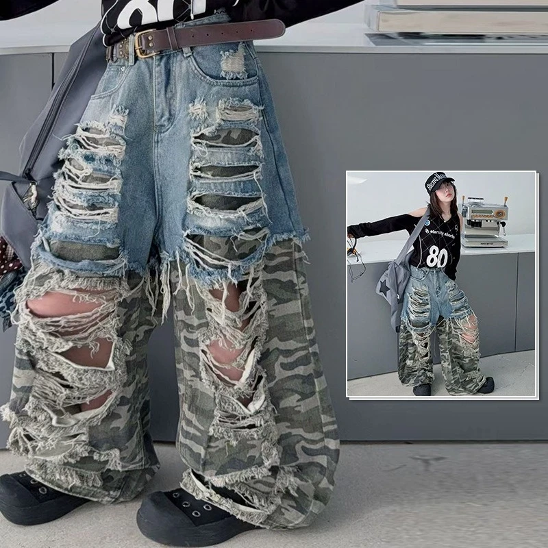 Sommer-Jeans für Teenager-Mädchen mit Großen Löchern und Camouflage-Muster, Größe 4-14, Junior Hip-Hop Jazz Streetdance Kinder Weite Hosen