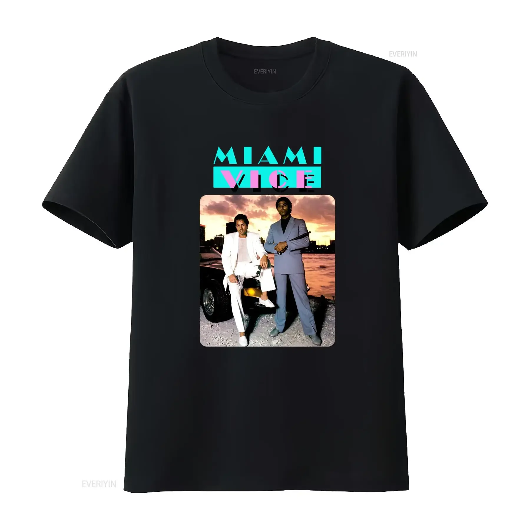 Miami Vice v3 T-Shirt, weißes Filmplakat-Design für alle Größen S 5XL, Vintage Washed Streetwear Homme Unisex, dehnbar, weich