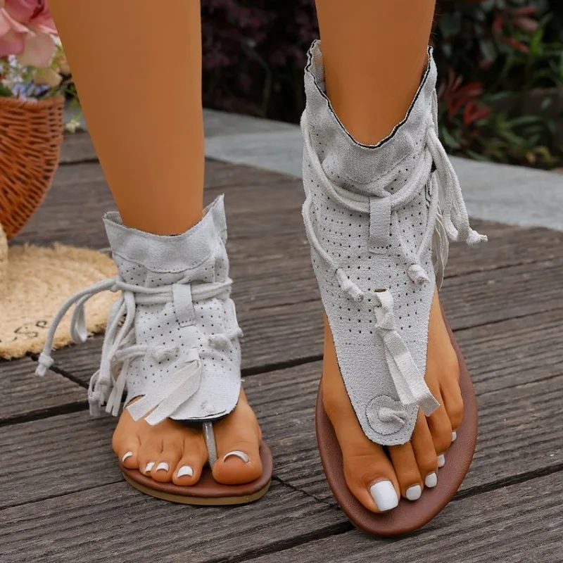 Damen Bohemian Flache Sandalen mit Fransen, perforiert, zum Schnüren, Gladiator-Sandalen, Stiefel, Sommer, Strand, Freizeit, Walking, Damen Image