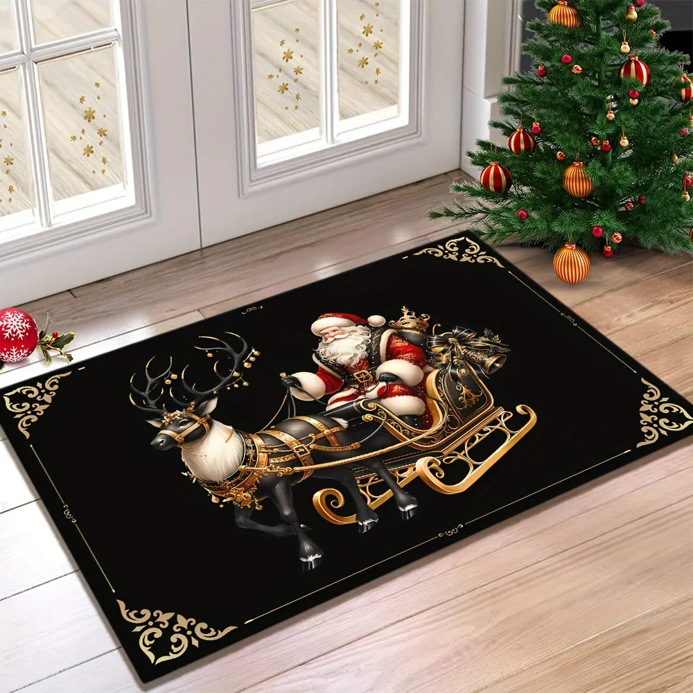 VIKAMA Schwarze Weihnachts-Fußmatte, rutschfest, waschbar, Teppich für Schlafzimmer, Wohnzimmer, Spielzimmer, Kinderzimmer, Weihnachtsdekoration Image