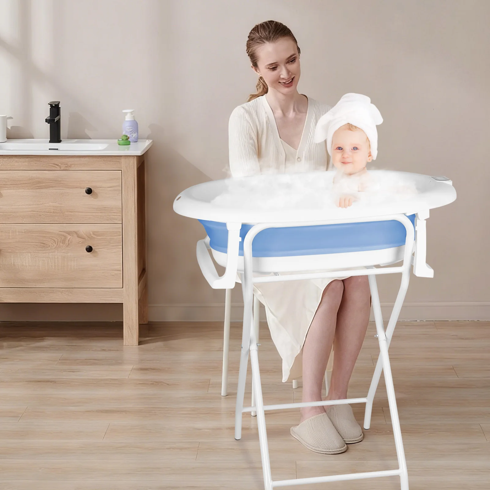2-in-1 Faltbare Babybadewanne - Ultrakompakt - Rutschfest - Zusammenklappbar - Platzsparend - Geeignet für Neugeborene 0-3 Jahre - 85*47*85cm Image