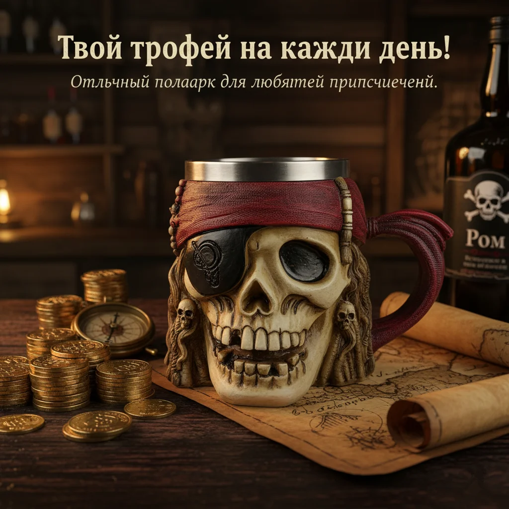450ml/15oz Piratenschädel Bierkrug, Karibischer Piraten 3D Kaffeebecher, Harzkrug mit Edelstahl-Innenfutter, Gotischer Trinkbecher Image