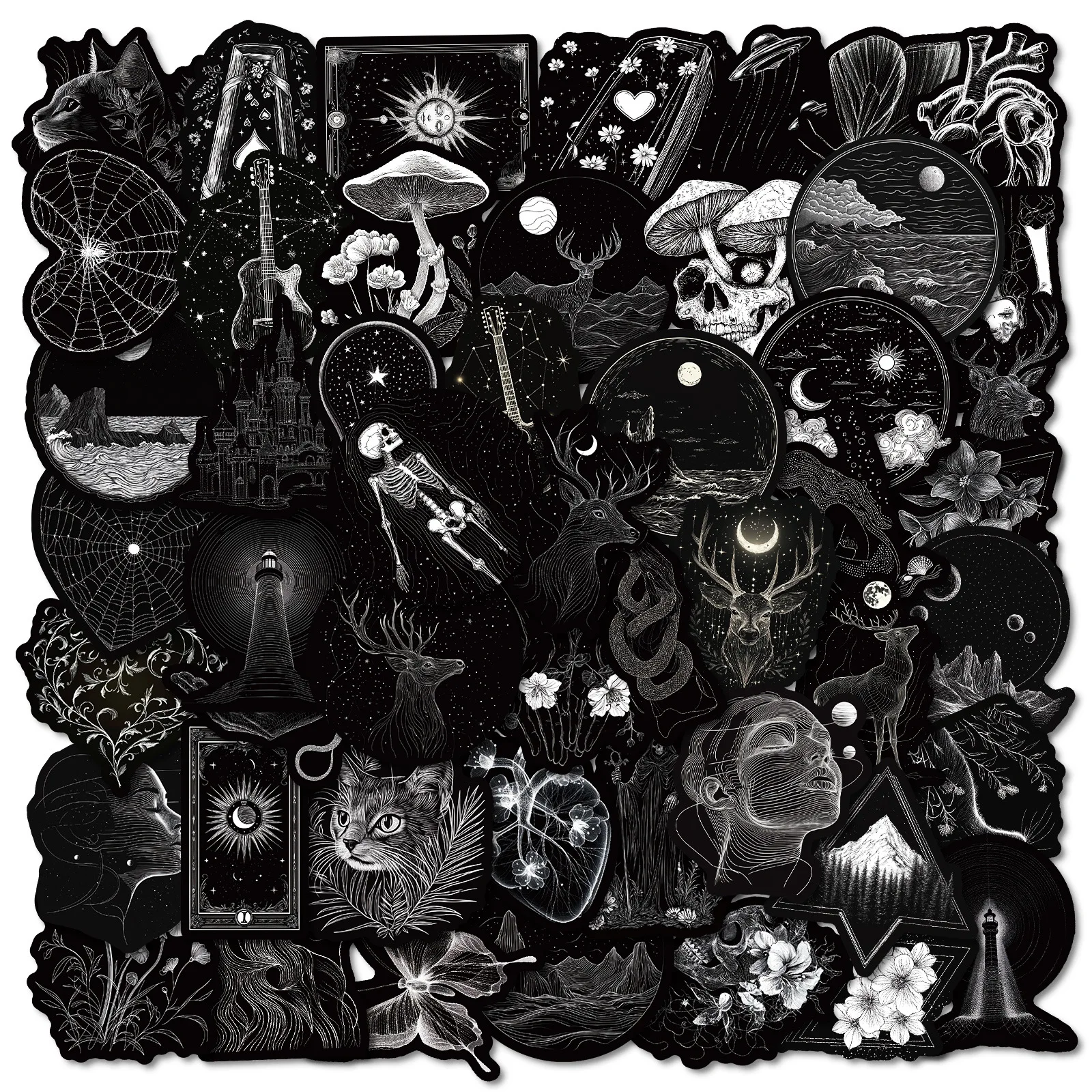 50 Stück schwarz-weiße Gothic-Aufkleber, Gothic-Schädel, DIY-Aufkleber, Scrapbooking, Telefon, Gepäck, Skateboard, wasserfeste Aufkleber