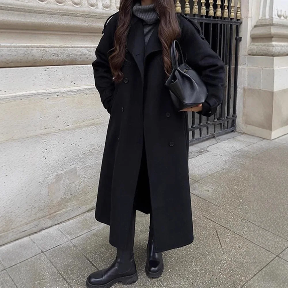 2025 vêtements pour femmes laine Double boutonnage Long manteau avec revers et coupe décontractée nouveau automne/hiver manteau pour femmes vêtements pour femmes