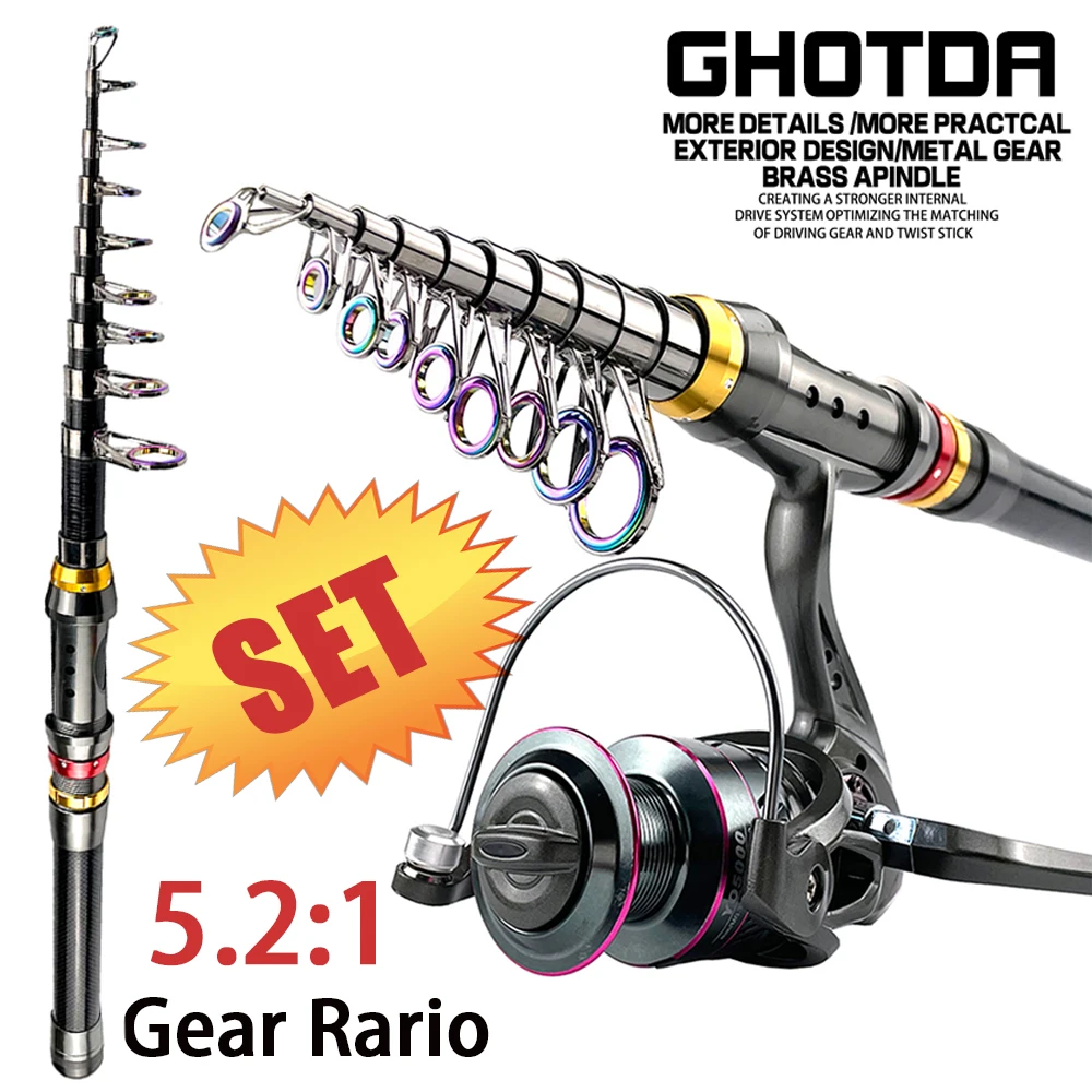 GHOTDA New Sea Rod Set Langstreckenwurfrute und Spinn-Angelrollen-Kombination Langlebige Kohlefaserstange Teleskop 1,8 m-3,6 m