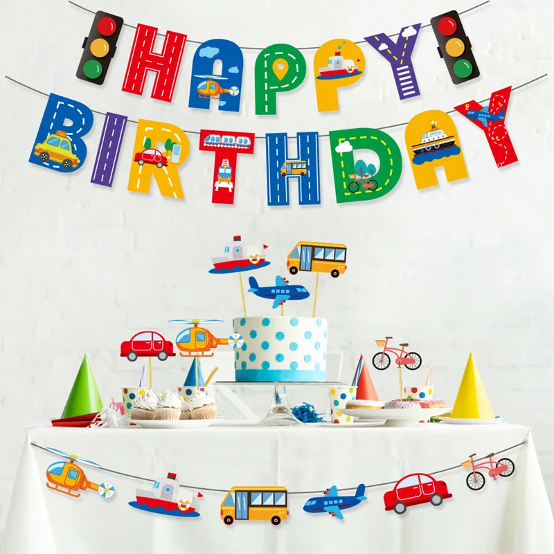 1Set Alles Gute Zum Geburtstag Banner Cartoon Auto Flugzeug Feuer Lkw Racing Transporter Flaggen Dekor Für Jungen Kinder Party Dekoration Image