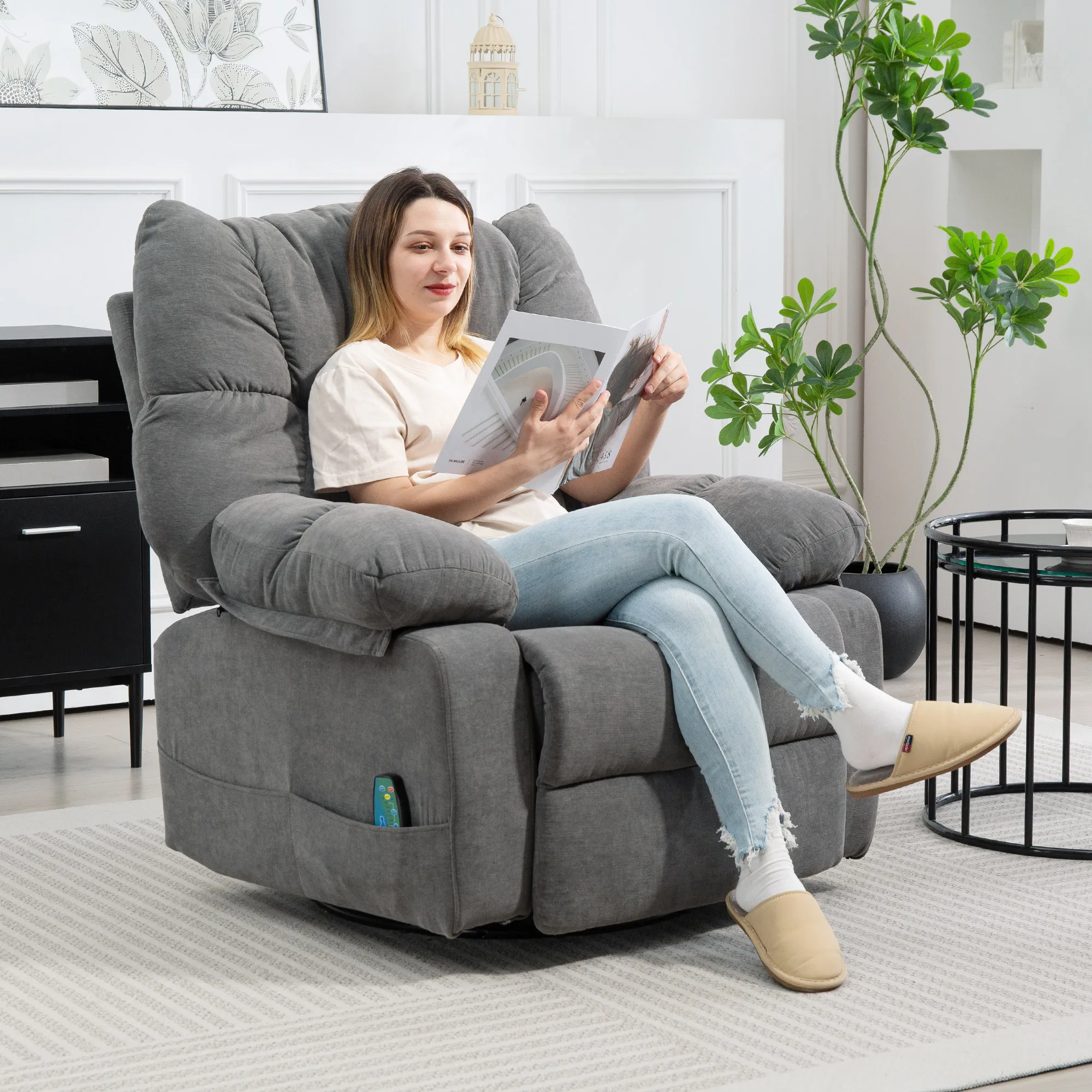 Relaxsessel Massagefunktion drehbar 4 Seitentaschen Fernbedienung Dunkelgrau Image
