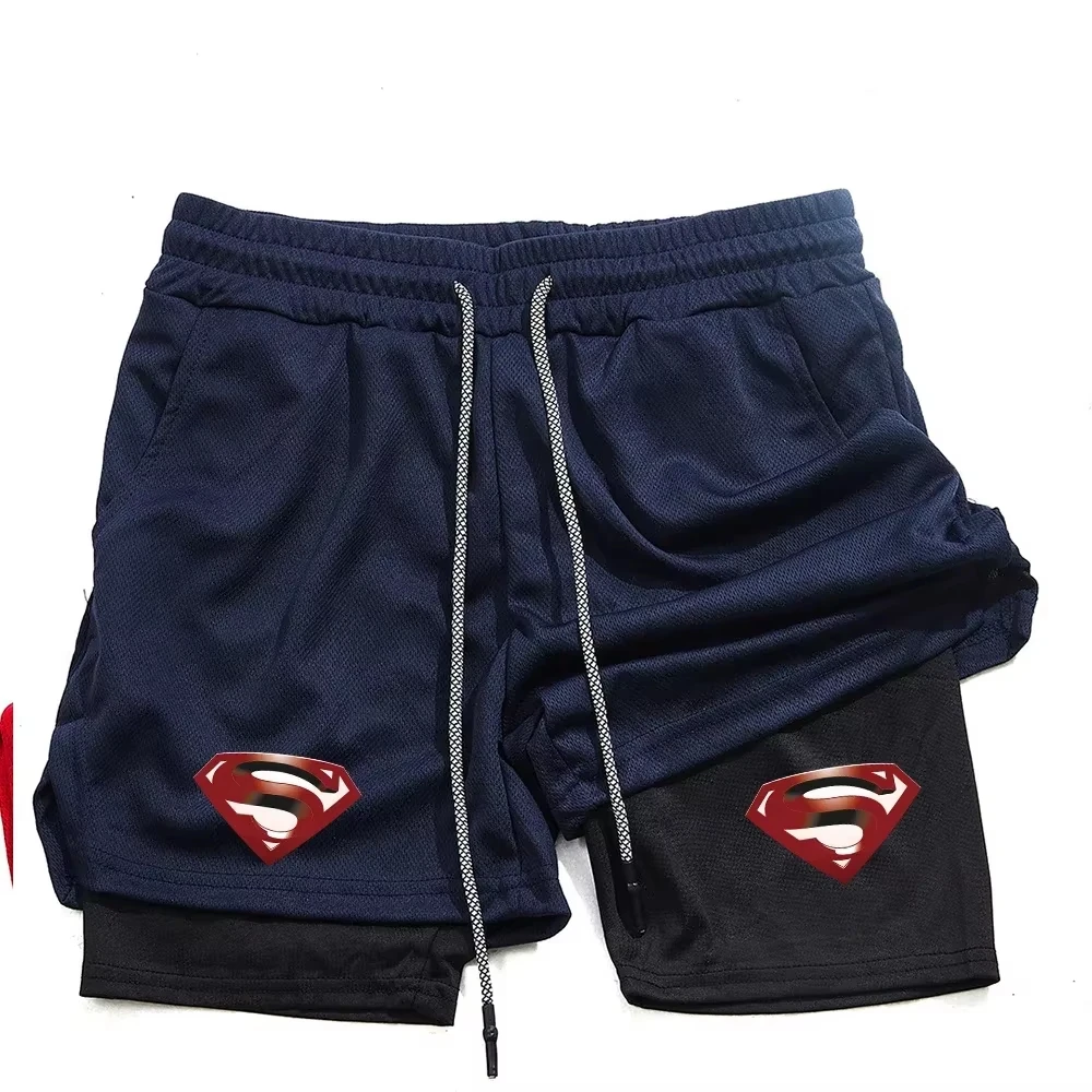 Superhelden-Print 2-in-1 Lauf- und Workout-Sportshorts für Herren, Gym-Performance-Shorts mit Handytasche und Handtuchschlaufe, Fitness-Bekleidung Image