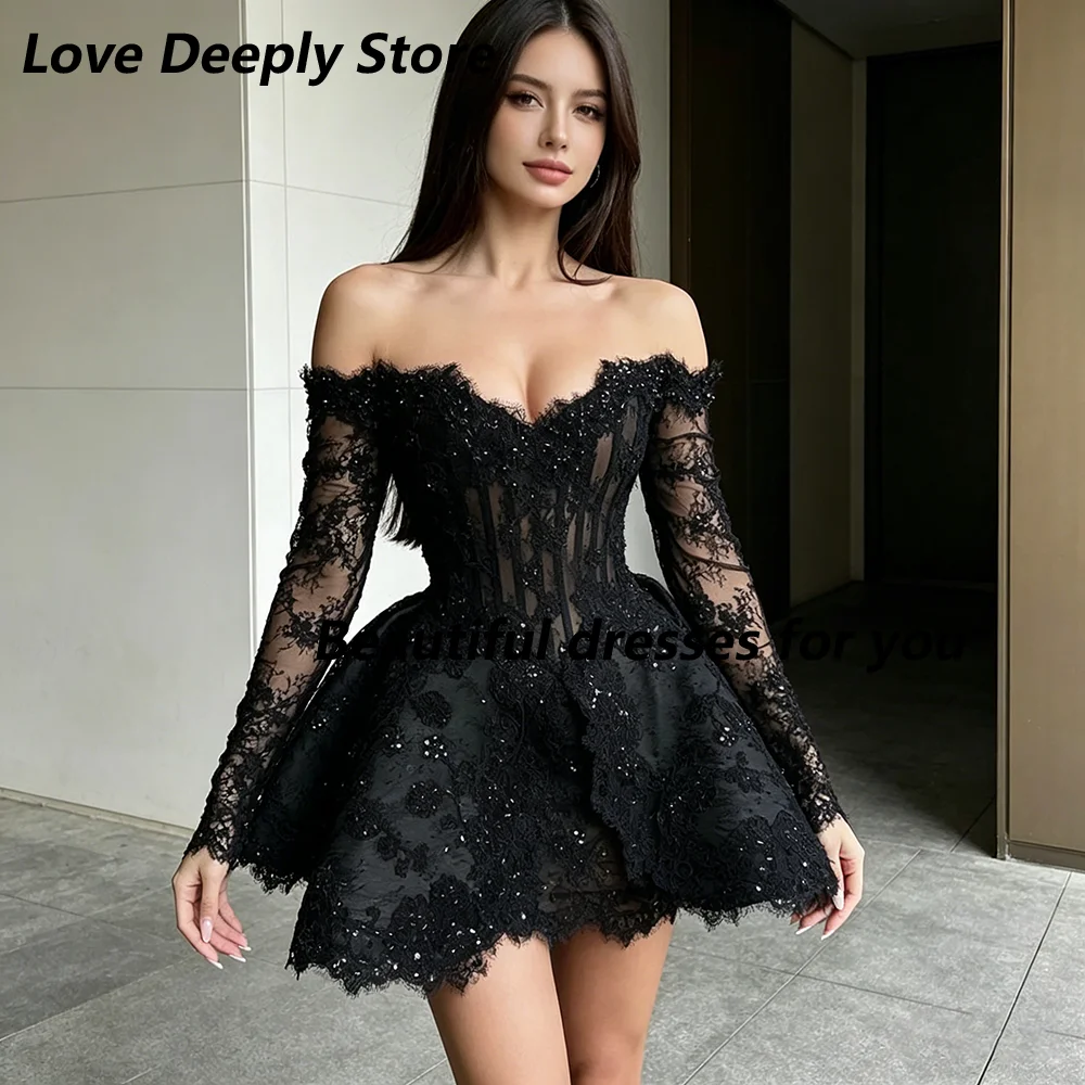 Black Lace Mini Cocktail Dresses for Woman Customized Sweetheart Neck 3/4 Sleeves Beading Luxury Prom Party Gowns 2026