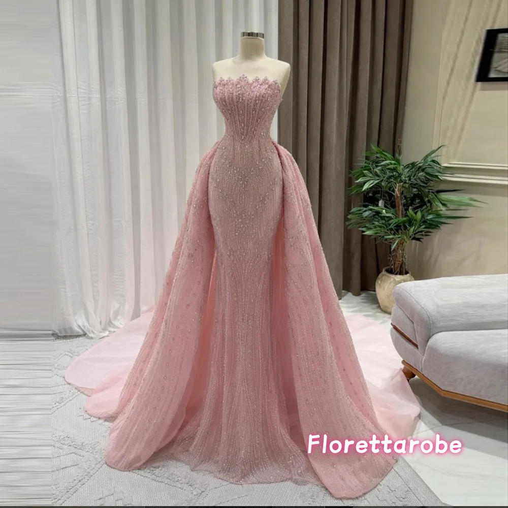Modern Pink Strapless Prom Dresses with Overskirt Customized Beaded Wedding Gowns Party Gown Luxury Evening Dress
