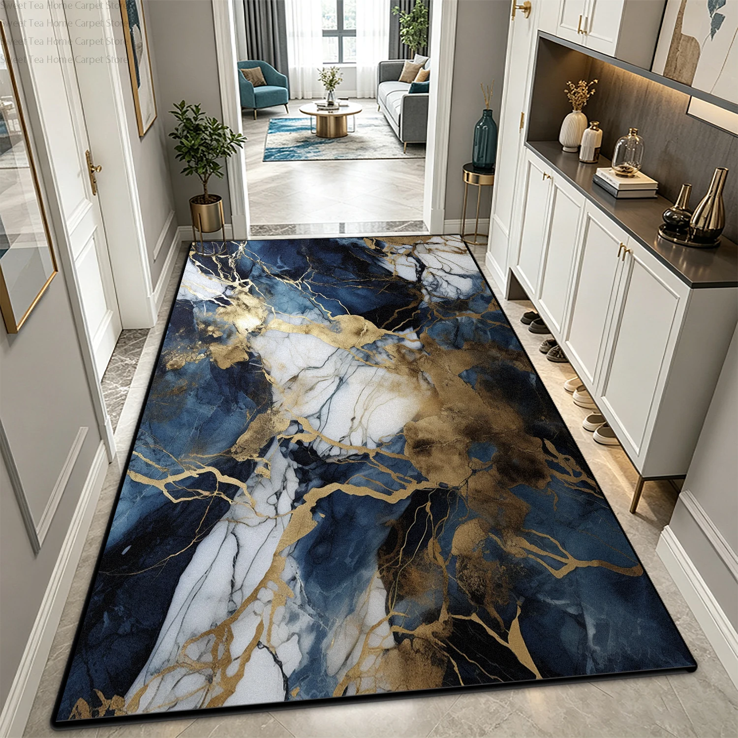 Modern Light Luxury Marble Living Room Entrance Carpet Blue Gold Decoration Bedroom Washable Antiskid Mat Soft Fluffy Office Rug