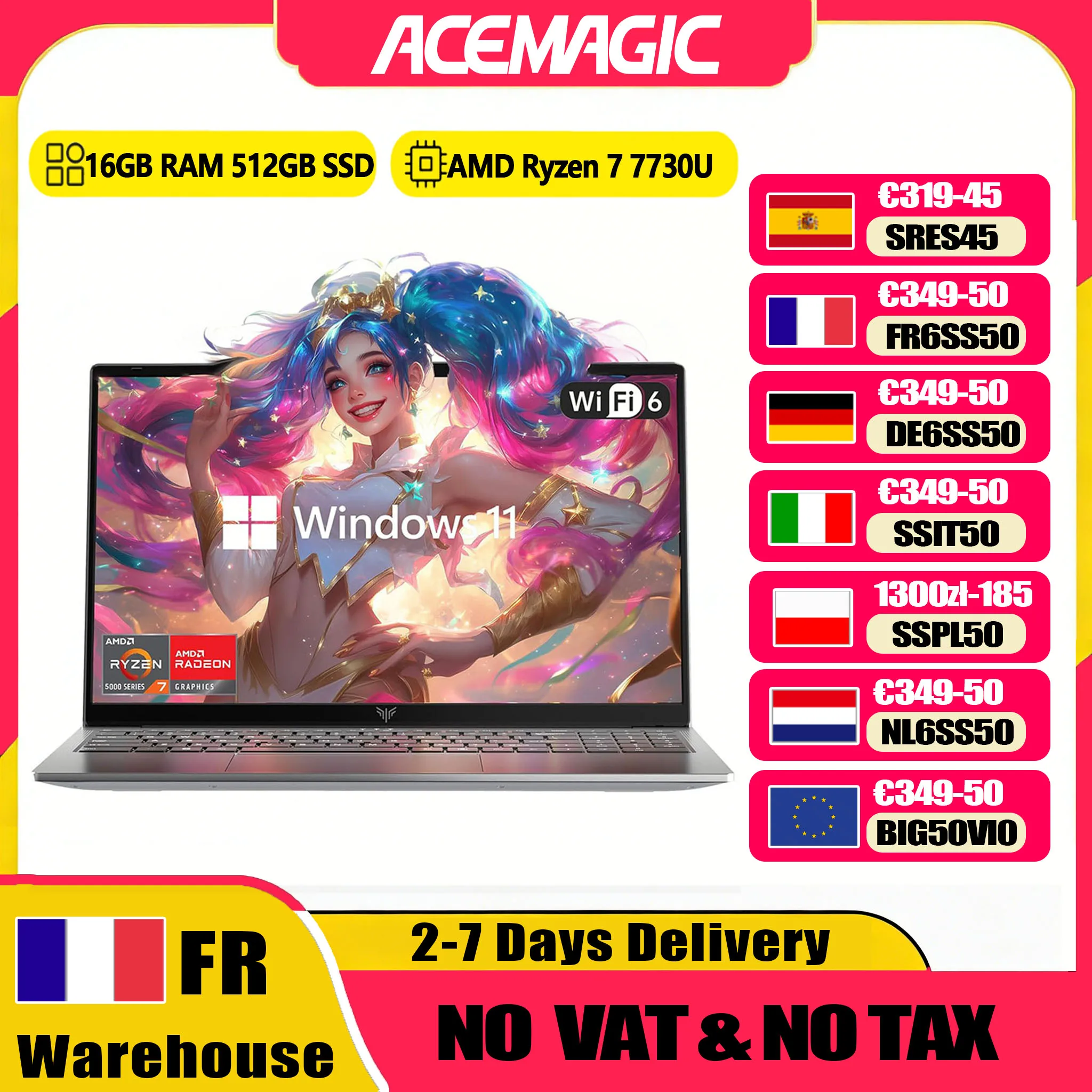 ACEMAGIC 15,6-Zoll-Laptop FHD Laptop AMD Ryzen 7 7730U 16GB RAM 512GB SSD Windows 11 Pro Notebook 180° ° Flip-Computer mit Wifi6 und BT5.2 Image