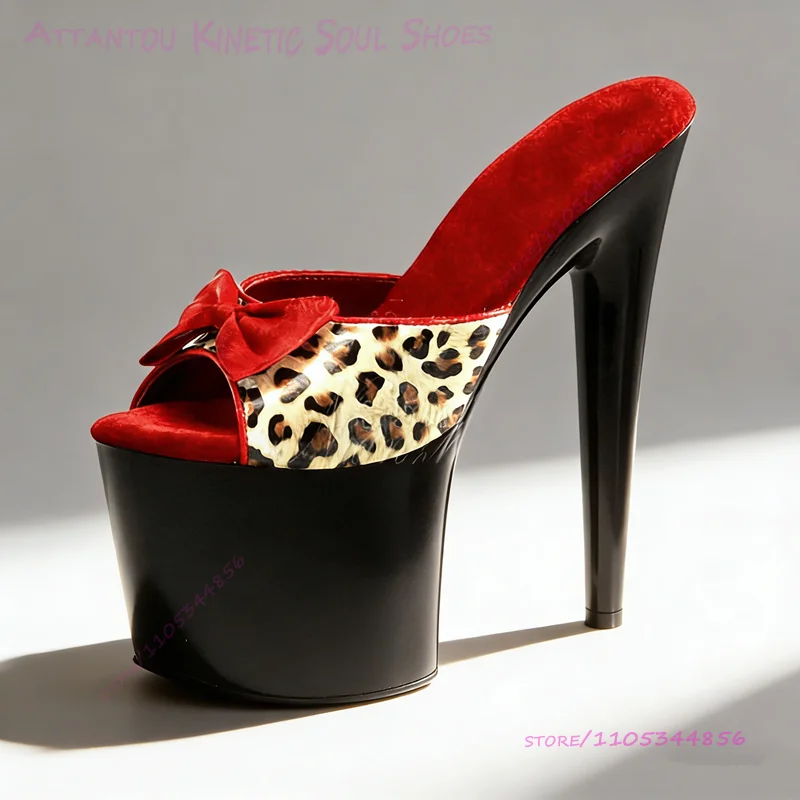 Khaki Leopardenmuster Graffiti Pantoletten mit Absatz Rote Schleife Sandalen Plateau 15/17/20cm Patchwork Schwarz Glänzende Pole-Dance Sexy Schuhe