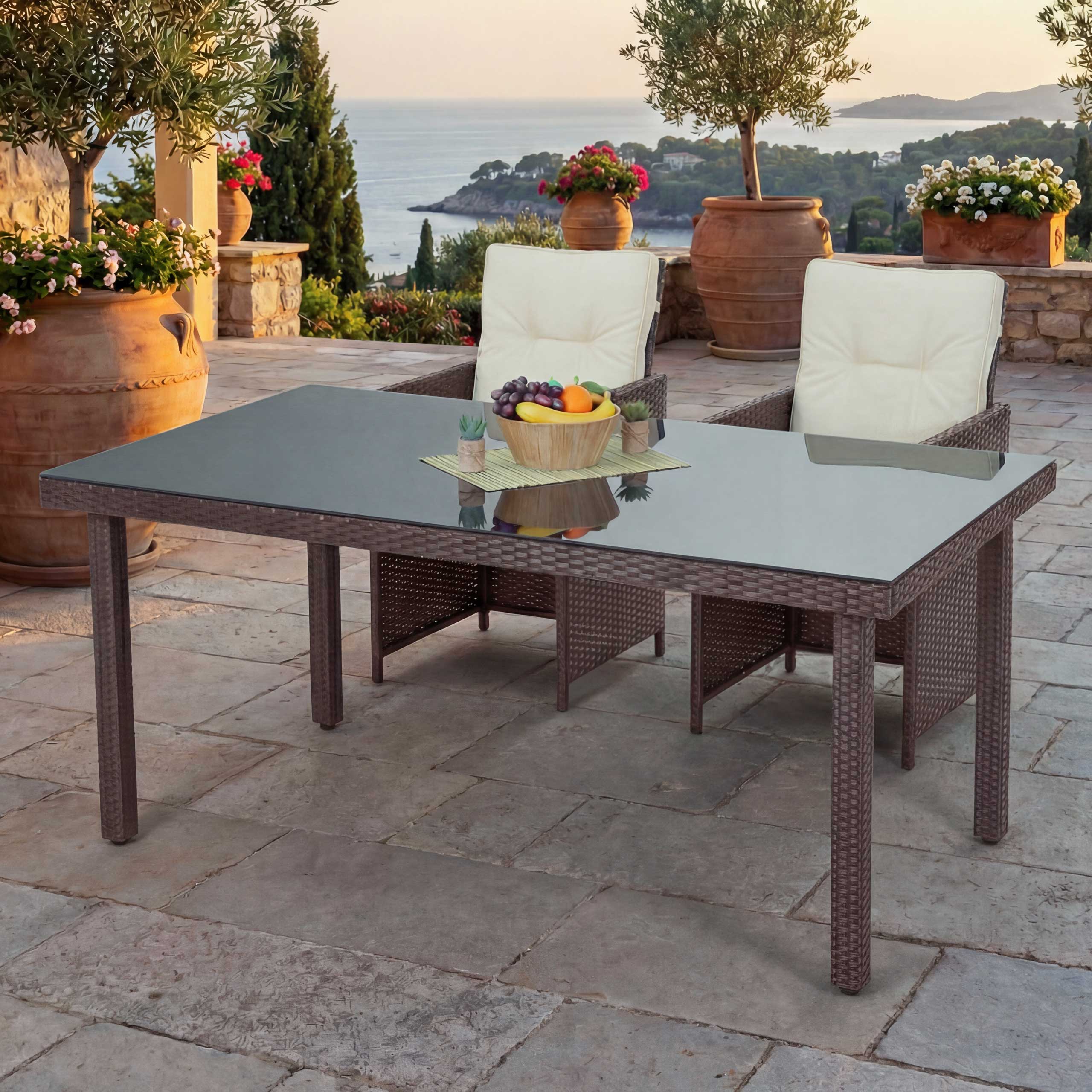 Poly-Rattan Gartentisch Cava, Esstisch Tisch mit Glasplatte, 160x90x74cm ~ braun Image